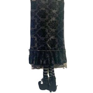 Gothic Velvet Damask Lace Halloween Table Runner with Hanging Grey Witch Legs
